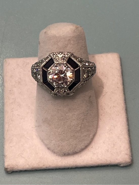 Jewelry - Vintage-Inspired Sterling Silver Ring with Sapphire and CZ Center Stone size 5.5